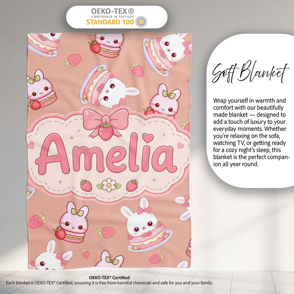 Cute Strawberry Bunny Cake Dessert Kawaii Peach Background Seamless Personalised Custom Name Super Soft Fleece Blanket Bed Sofa Throw