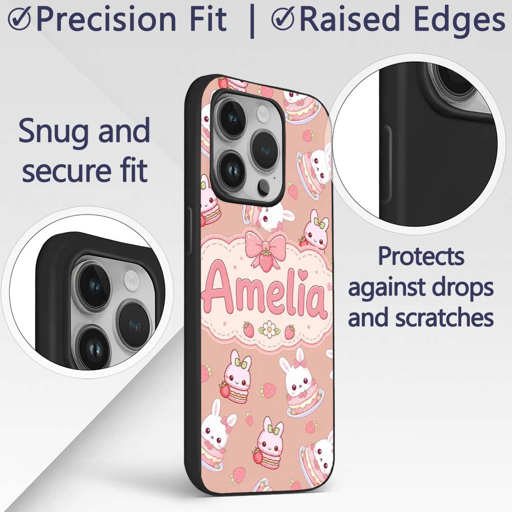 Cute Strawberry Bunny Cake Dessert Kawaii Peach Custom Name Protective Phone Case Mobile Cover Durable Everyday Smartphone Shock Resistant