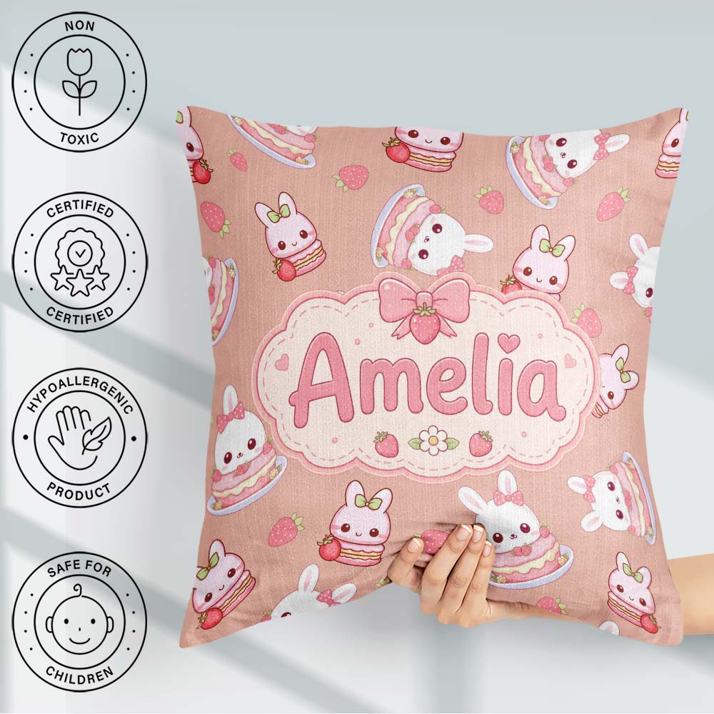 Custom Name Strawberry Bunny Cake Dessert Kawaii Peach Seamless Square Filled Cushion Throw Pillow Sofa Bed Home Decor Zip Washable UK Made