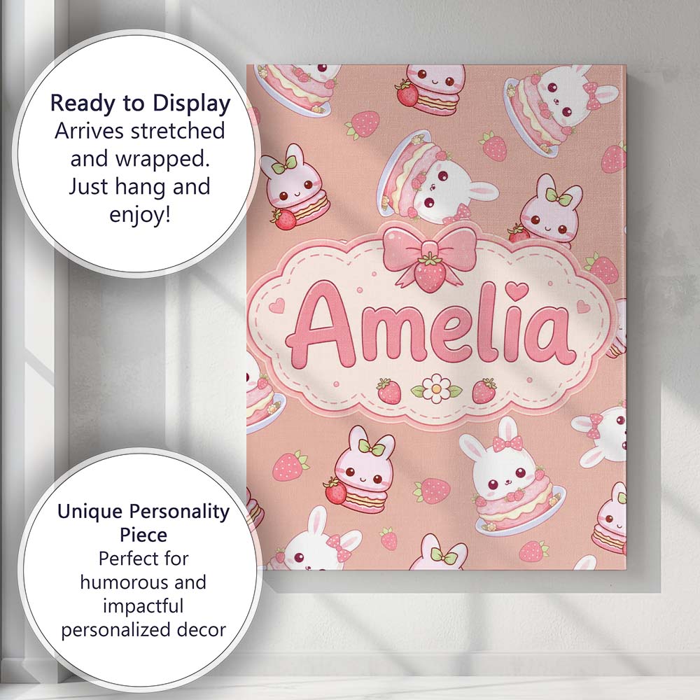 Personalised Name Cute Strawberry Bunny Custom Modern Room Accent Elegant Feature Canvas Wall Art Print Decor Picture Ready to Hang