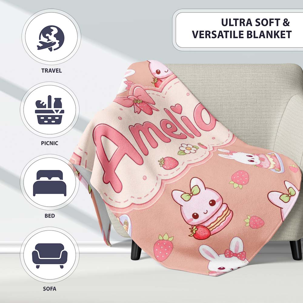 Cute Strawberry Bunny Cake Dessert Kawaii Peach Background Seamless Personalised Custom Name Super Soft Fleece Blanket Bed Sofa Throw