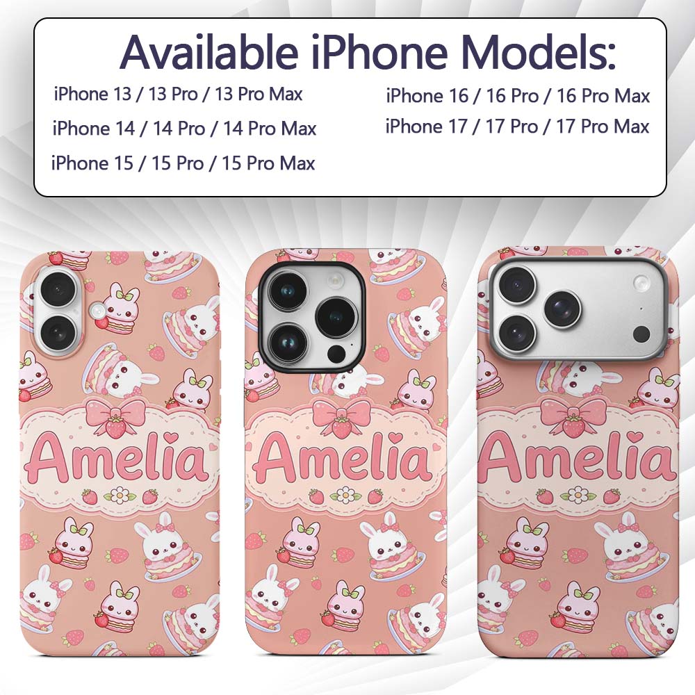 Cute Strawberry Bunny Cake Dessert Kawaii Peach Custom Name Protective Phone Case Mobile Cover Durable Everyday Smartphone Shock Resistant