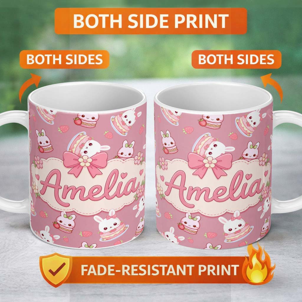 Personalized Custom Name Cute Strawberry Bunny Cake Dessert Pink Background Seamless Pattern 11oz Ceramic Coffee Tea Mug White Large Handle