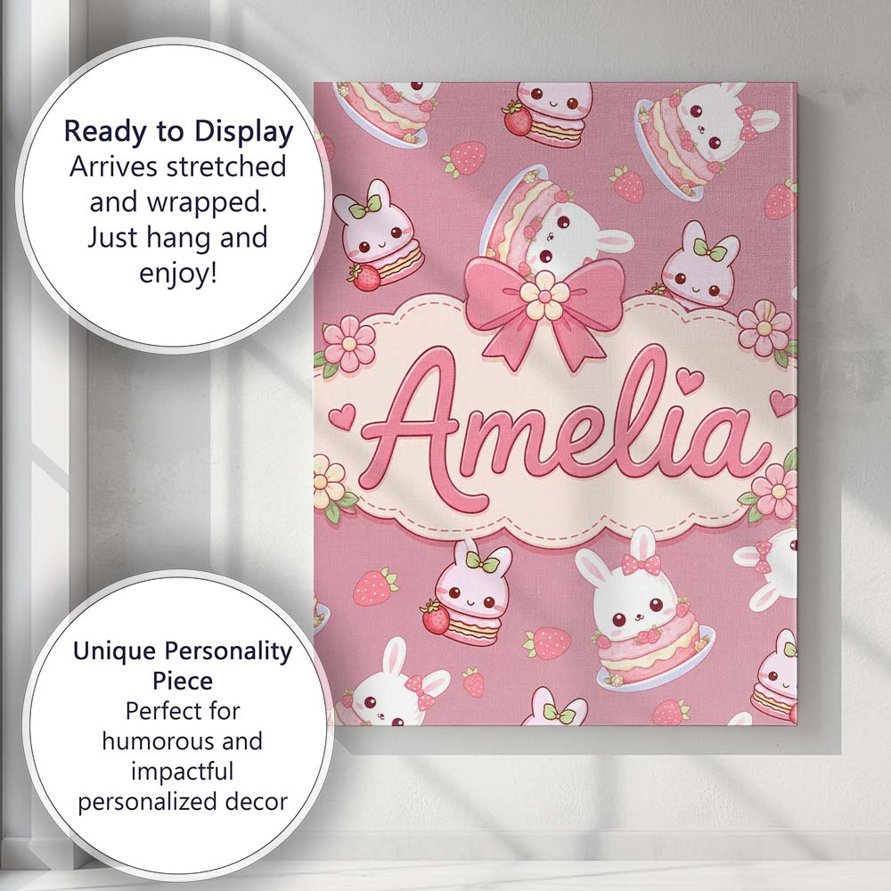 Personalised Name Cute Strawberry Bunny Custom Modern Room Accent Elegant Feature Canvas Wall Art Print Decor Picture Ready to Hang