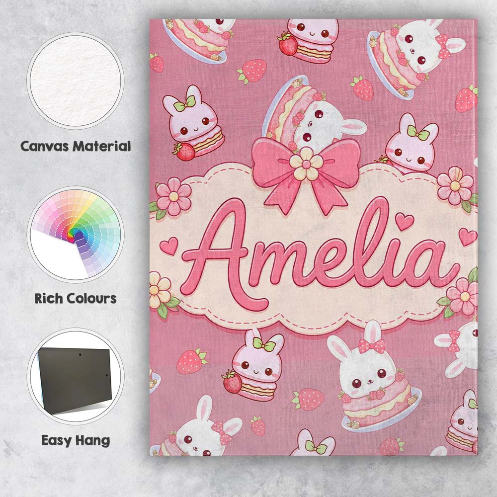 Personalised Name Cute Strawberry Bunny Custom Modern Room Accent Elegant Feature Canvas Wall Art Print Decor Picture Ready to Hang