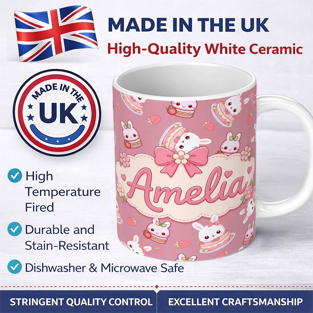 Personalized Custom Name Cute Strawberry Bunny Cake Dessert Pink Background Seamless Pattern 11oz Ceramic Coffee Tea Mug White Large Handle