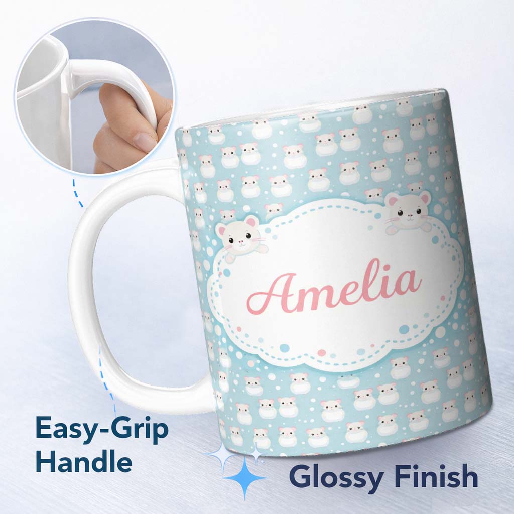 Personalized Custom Name Kawaii White Hamster Blue Background Seamless Pattern Lovely 11oz Ceramic Coffee Tea Mug White Large Handle