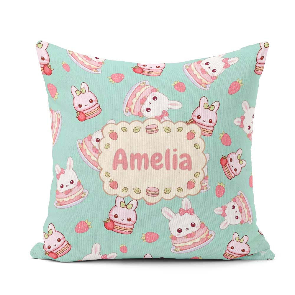 Custom Name Strawberry Bunny Cake Dessert Mint Seamless Pattern Square Filled Cushion Throw Pillow Sofa Bed Home Decor Zip Washable UK Made