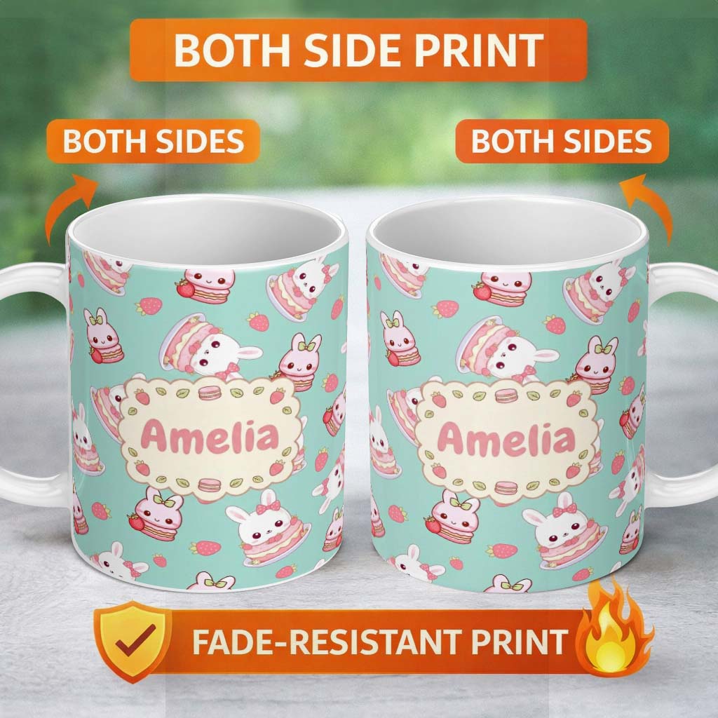 Personalized Custom Name Cute Strawberry Bunny Cake Dessert Mint Background Seamless Pattern 11oz Ceramic Coffee Tea Mug White Large Handle
