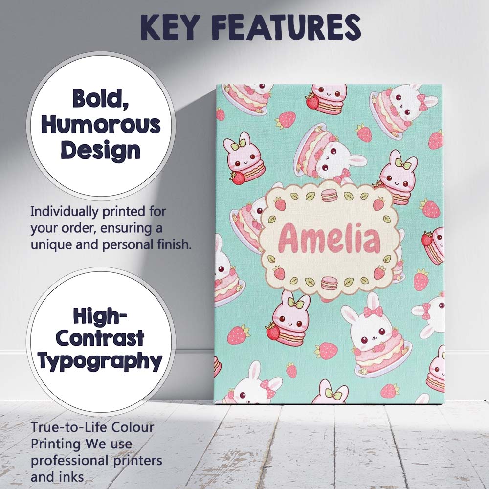 Personalised Name Cute Strawberry Bunny Custom Modern Room Accent Elegant Feature Canvas Wall Art Print Decor Picture Ready to Hang