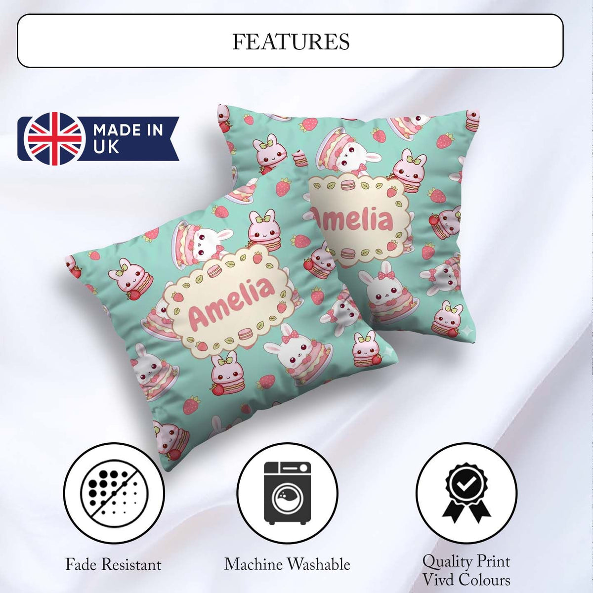 Custom Name Strawberry Bunny Cake Dessert Mint Seamless Pattern Square Filled Cushion Throw Pillow Sofa Bed Home Decor Zip Washable UK Made