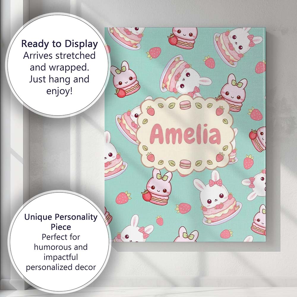 Personalised Name Cute Strawberry Bunny Custom Modern Room Accent Elegant Feature Canvas Wall Art Print Decor Picture Ready to Hang