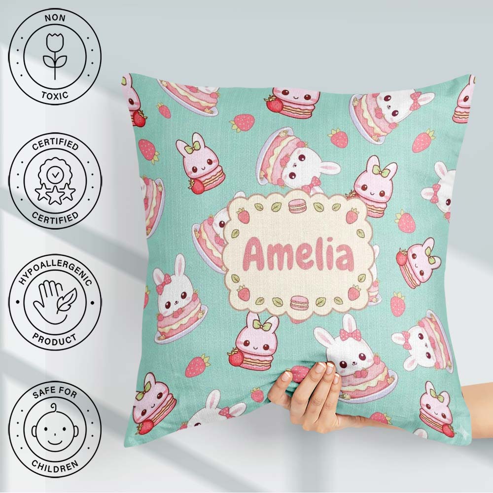 Custom Name Strawberry Bunny Cake Dessert Mint Seamless Pattern Square Filled Cushion Throw Pillow Sofa Bed Home Decor Zip Washable UK Made
