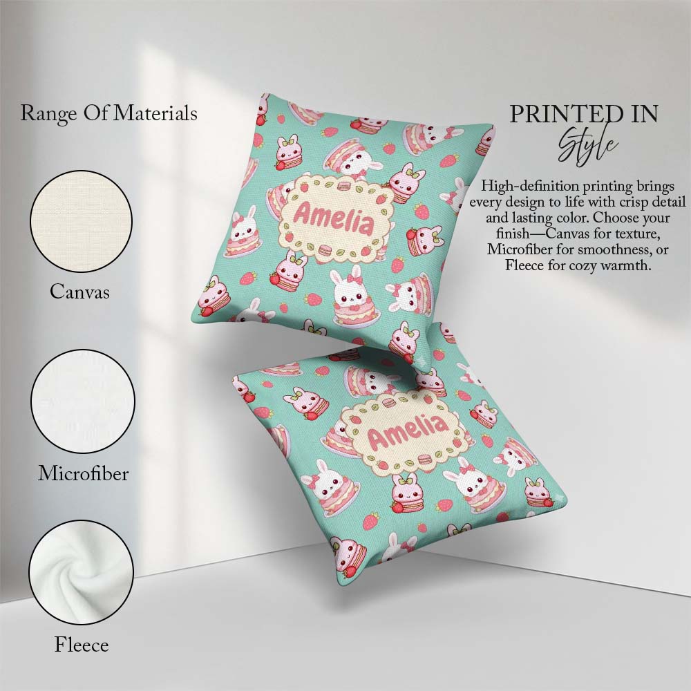 Custom Name Strawberry Bunny Cake Dessert Mint Seamless Pattern Square Filled Cushion Throw Pillow Sofa Bed Home Decor Zip Washable UK Made