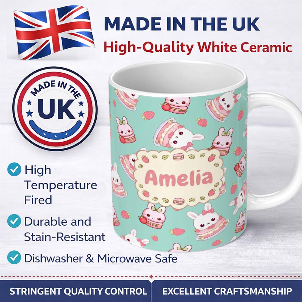 Personalized Custom Name Cute Strawberry Bunny Cake Dessert Mint Background Seamless Pattern 11oz Ceramic Coffee Tea Mug White Large Handle
