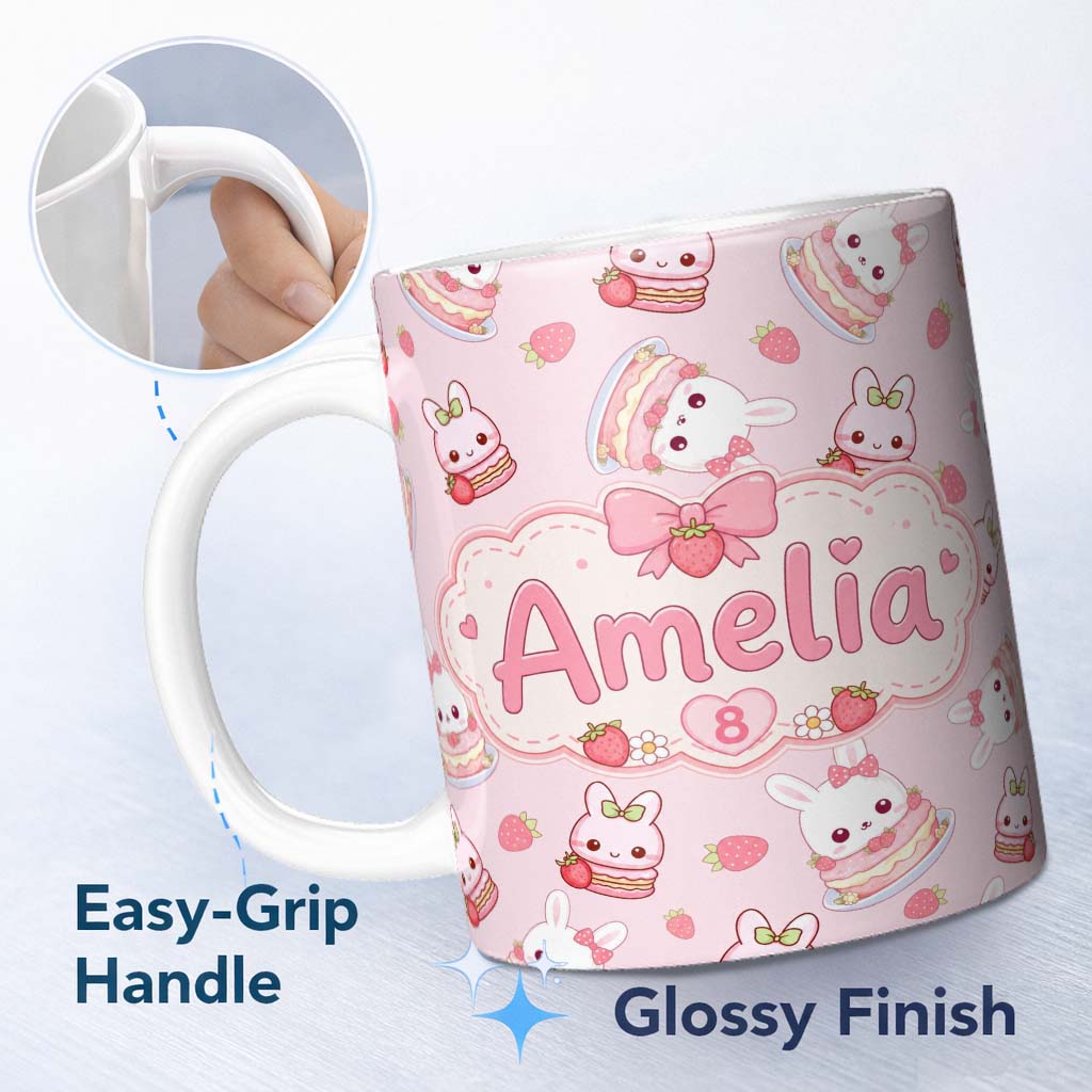 Personalized Custom Name Cute Strawberry Bunny Cake Dessert Blush Background Seamless 11oz Ceramic Coffee Tea Mug White Large Handle