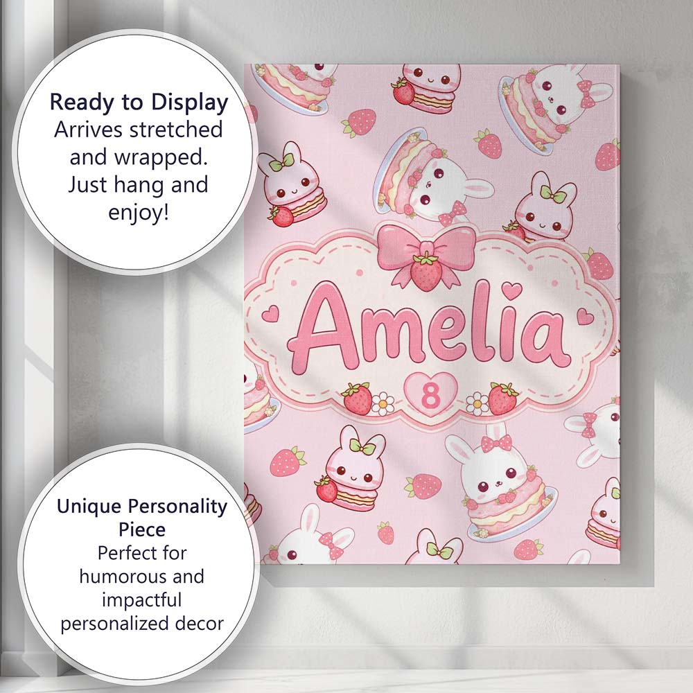 Personalised Name Cute Strawberry Bunny Custom Modern Room Accent Elegant Feature Canvas Wall Art Print Decor Picture Ready to Hang