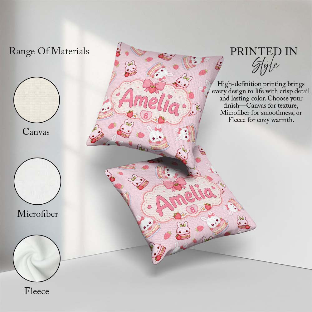 Custom Name Cute Strawberry Bunny Cake Blush Background Seamless Square Filled Cushion Throw Pillow Sofa Bed Home Decor Zip Washable UK Made