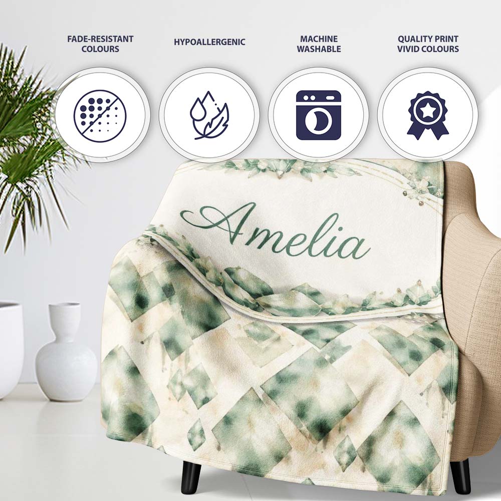Watercolor Crystal Gemstone Soft Beige Background Mineral Lovely Personalised Custom Name Super Soft Fleece Blanket Bed Sofa Throw