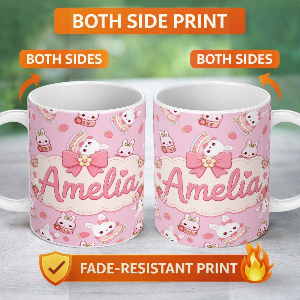 Personalized Custom Name Cute Strawberry Bunny Cake Dessert Rose Background Seamless Pattern 11oz Ceramic Coffee Tea Mug White Large Handle