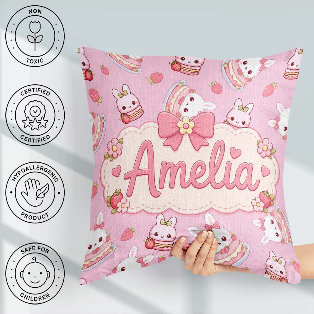 Custom Name Strawberry Bunny Cake Dessert Rose Seamless Pattern Square Filled Cushion Throw Pillow Sofa Bed Home Decor Zip Washable UK Made