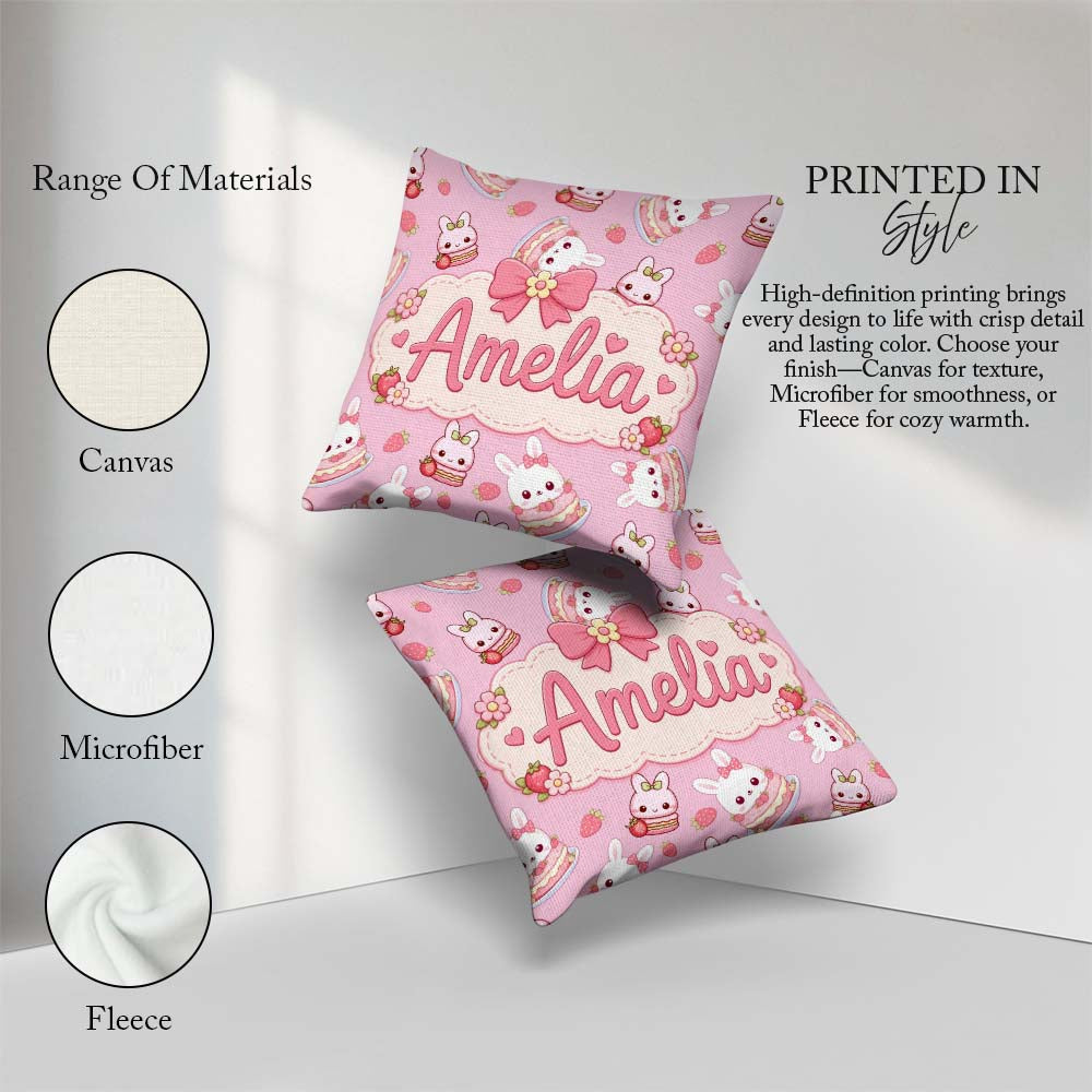 Custom Name Strawberry Bunny Cake Dessert Rose Seamless Pattern Square Filled Cushion Throw Pillow Sofa Bed Home Decor Zip Washable UK Made