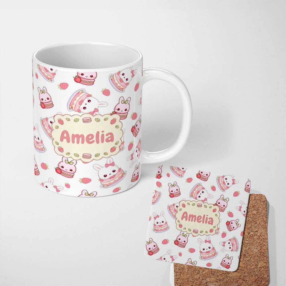 Personalized Custom Name Cute Strawberry Bunny Cake Dessert Grey Background Seamless Pattern 11oz Ceramic Coffee Tea Mug White Large Handle