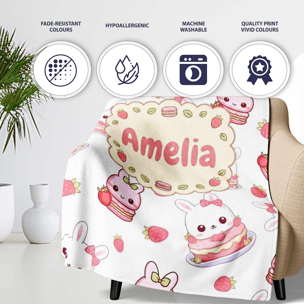 Cute Strawberry Bunny Cake Dessert Grey Background Seamless Pattern Personalised Custom Name Super Soft Fleece Blanket Bed Sofa Throw