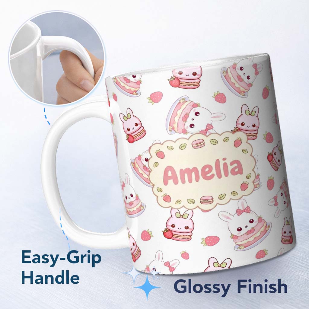 Personalized Custom Name Cute Strawberry Bunny Cake Dessert Grey Background Seamless Pattern 11oz Ceramic Coffee Tea Mug White Large Handle