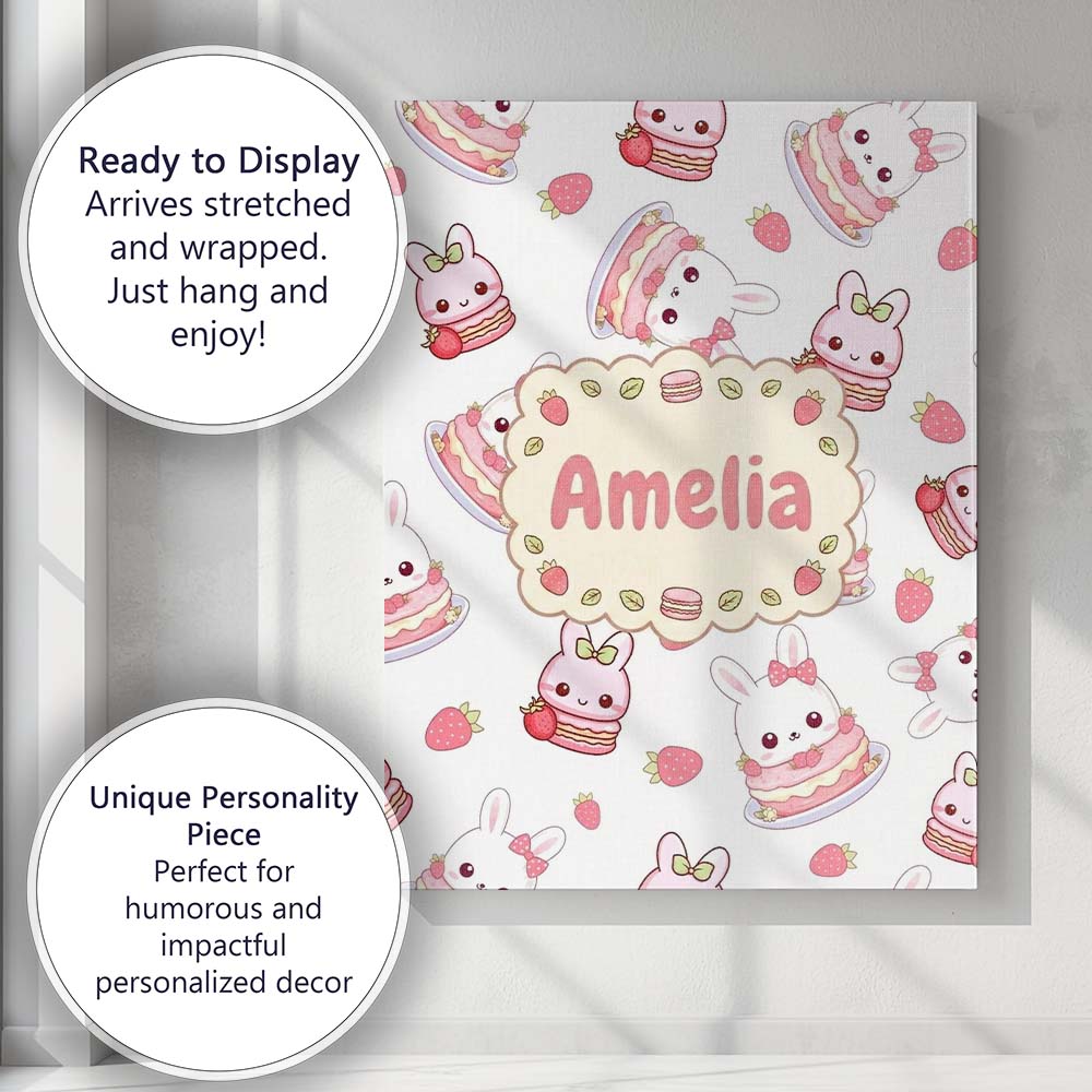 Personalised Name Cute Strawberry Bunny Custom Modern Room Accent Elegant Feature Canvas Wall Art Print Decor Picture Ready to Hang