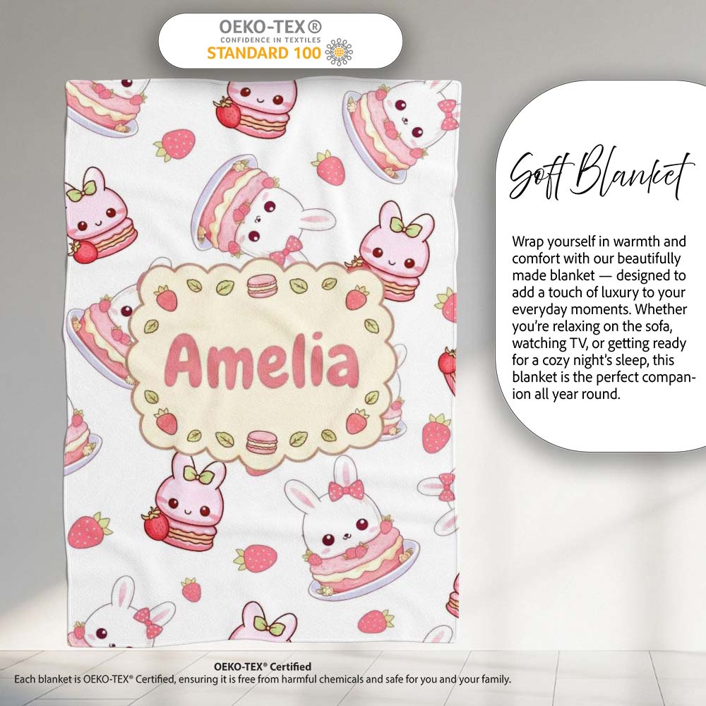 Cute Strawberry Bunny Cake Dessert Grey Background Seamless Pattern Personalised Custom Name Super Soft Fleece Blanket Bed Sofa Throw