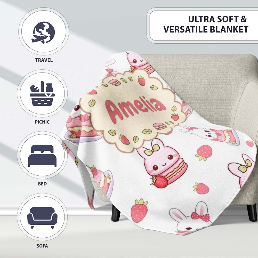 Cute Strawberry Bunny Cake Dessert Grey Background Seamless Pattern Personalised Custom Name Super Soft Fleece Blanket Bed Sofa Throw