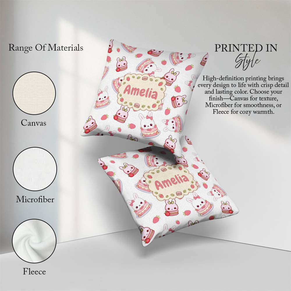 Custom Name Strawberry Bunny Cake Dessert Grey Seamless Pattern Square Filled Cushion Throw Pillow Sofa Bed Home Decor Zip Washable UK Made
