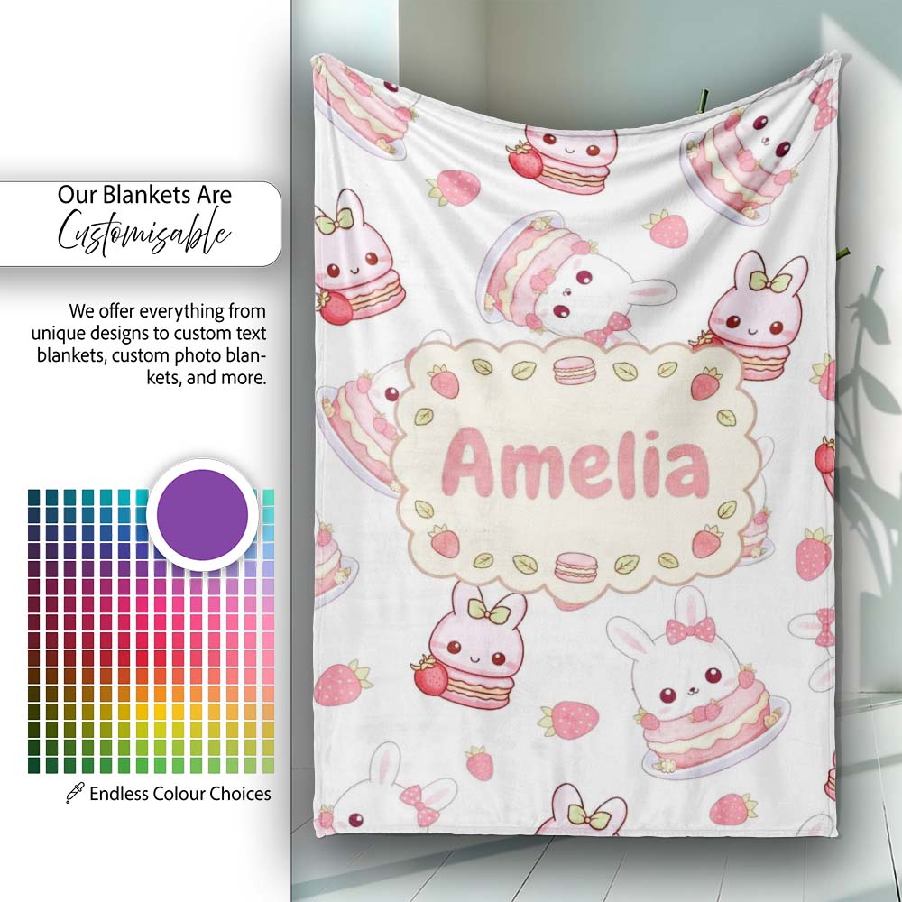 Cute Strawberry Bunny Cake Dessert Grey Background Seamless Pattern Personalised Custom Name Super Soft Fleece Blanket Bed Sofa Throw
