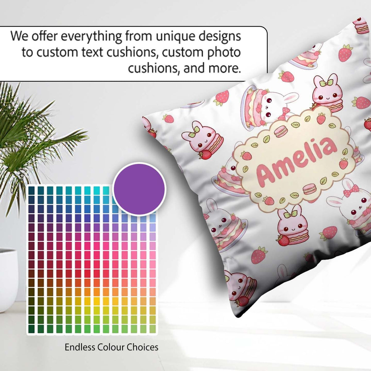 Custom Name Strawberry Bunny Cake Dessert Grey Seamless Pattern Square Filled Cushion Throw Pillow Sofa Bed Home Decor Zip Washable UK Made