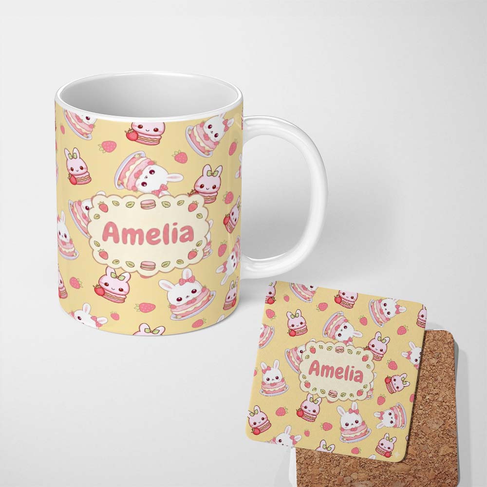 Personalized Custom Name Cute Strawberry Bunny Cake Dessert Yellow Background Seamless 11oz Ceramic Coffee Tea Mug White Large Handle
