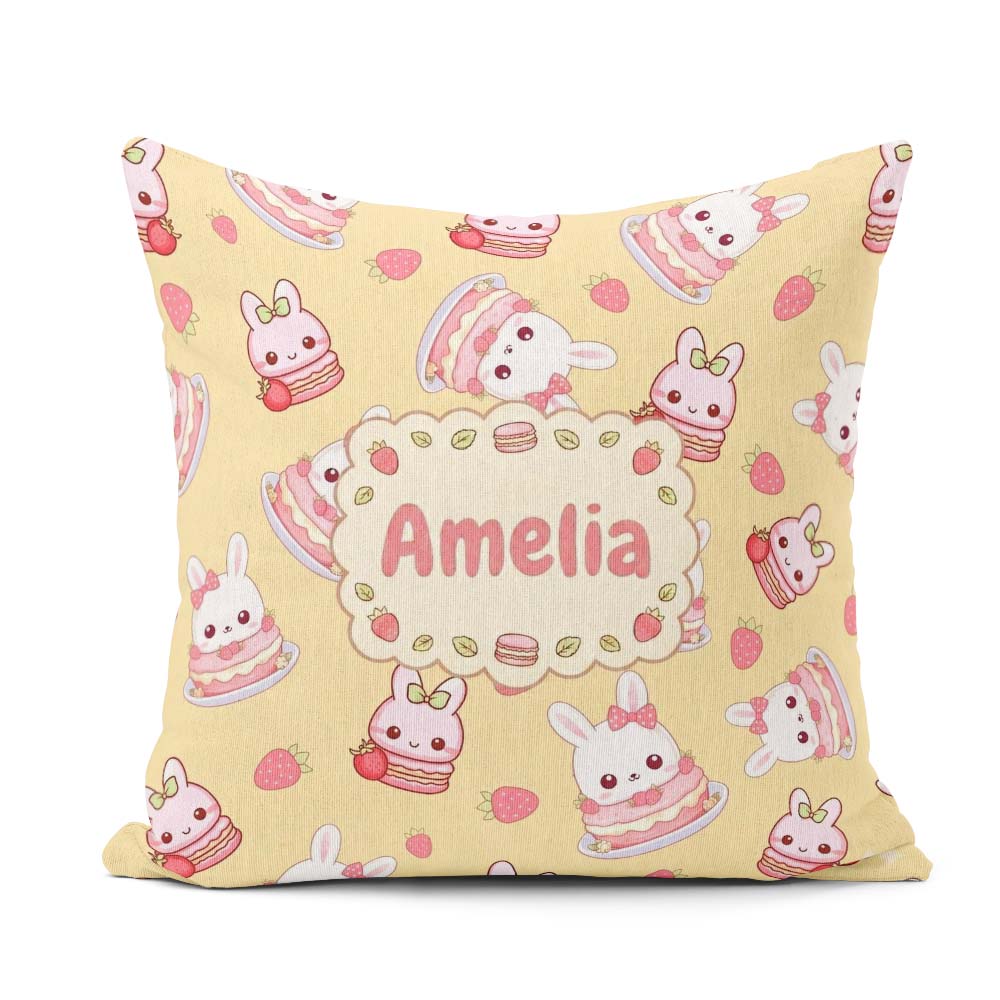 Custom Name Cute Strawberry Bunny Cake Dessert Yellow Background Square Filled Cushion Throw Pillow Sofa Bed Home Decor Zip Washable UK Made