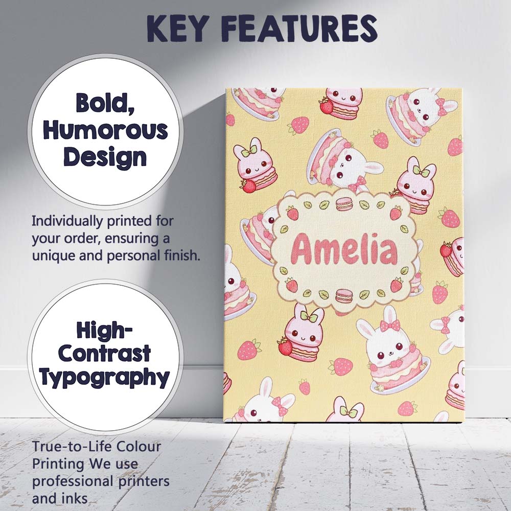 Personalised Name Cute Strawberry Bunny Custom Modern Room Accent Elegant Feature Canvas Wall Art Print Decor Picture Ready to Hang