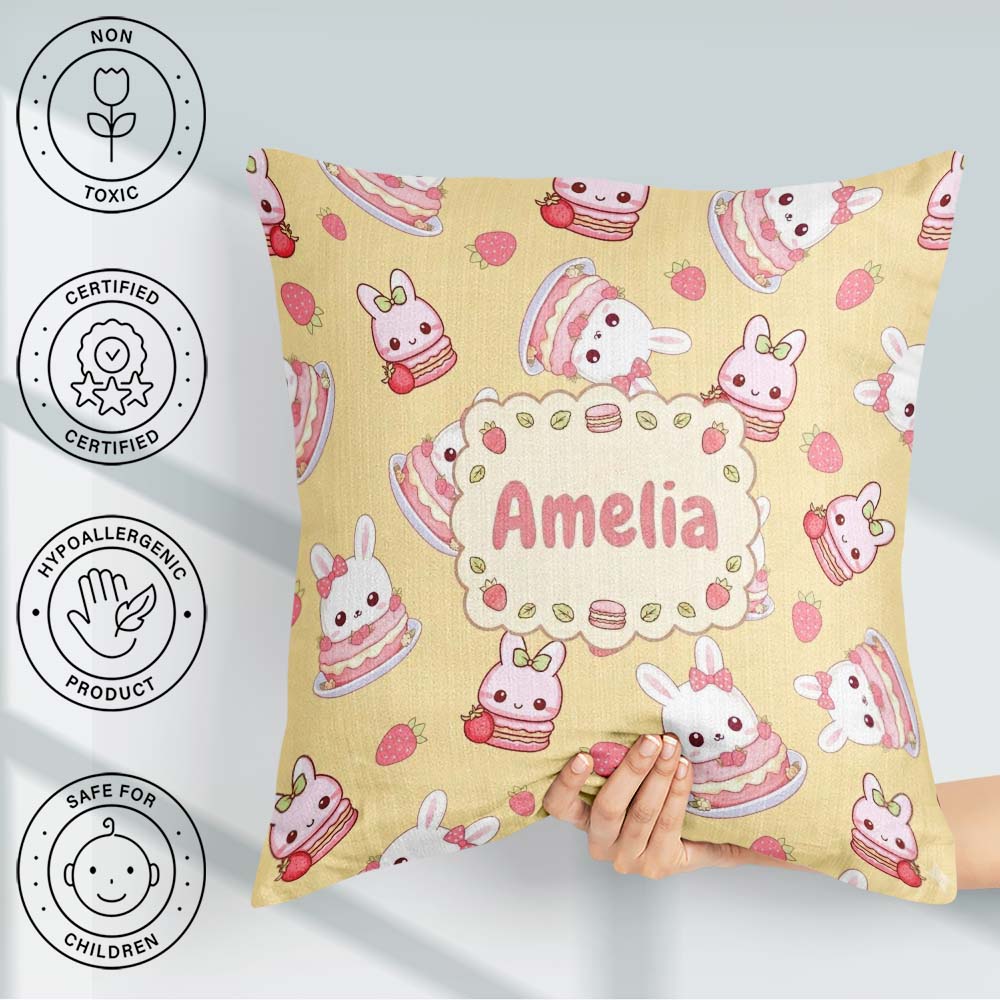 Custom Name Cute Strawberry Bunny Cake Dessert Yellow Background Square Filled Cushion Throw Pillow Sofa Bed Home Decor Zip Washable UK Made