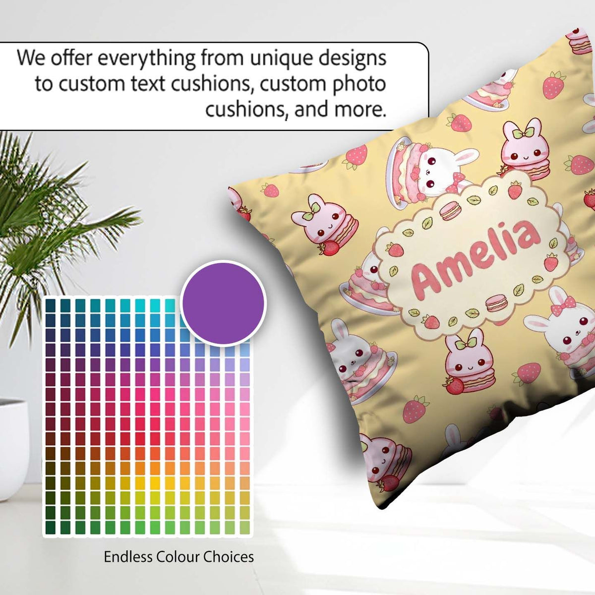 Custom Name Cute Strawberry Bunny Cake Dessert Yellow Background Square Filled Cushion Throw Pillow Sofa Bed Home Decor Zip Washable UK Made