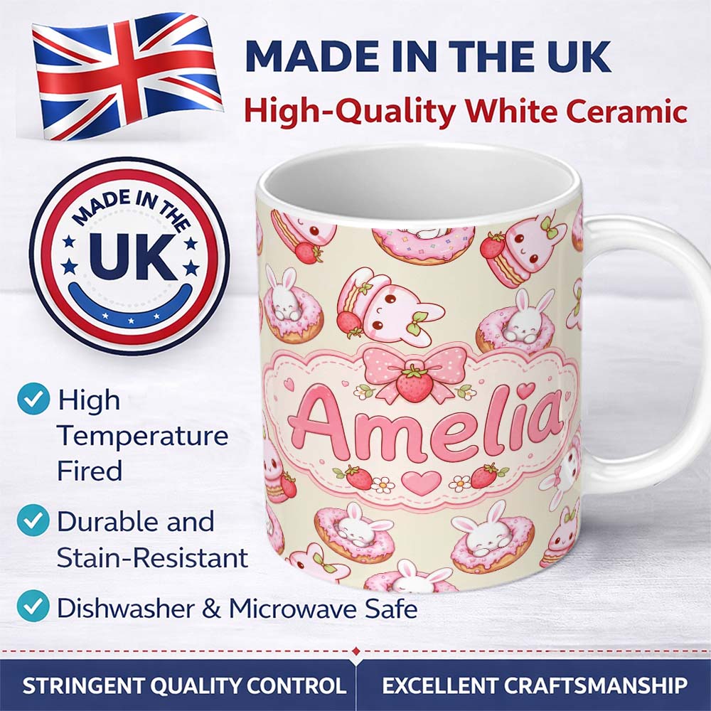 Personalized Custom Name Cute Bunny Donut Dessert Kawaii Cream Background Seamless Pattern 11oz Ceramic Coffee Tea Mug White Large Handle