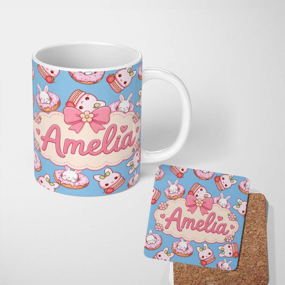Personalized Custom Name Cute Bunny Donut Dessert Kawaii Blue Background Seamless Pattern 11oz Ceramic Coffee Tea Mug White Large Handle
