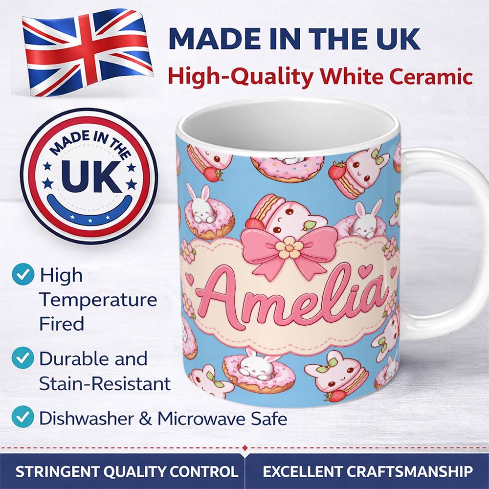 Personalized Custom Name Cute Bunny Donut Dessert Kawaii Blue Background Seamless Pattern 11oz Ceramic Coffee Tea Mug White Large Handle
