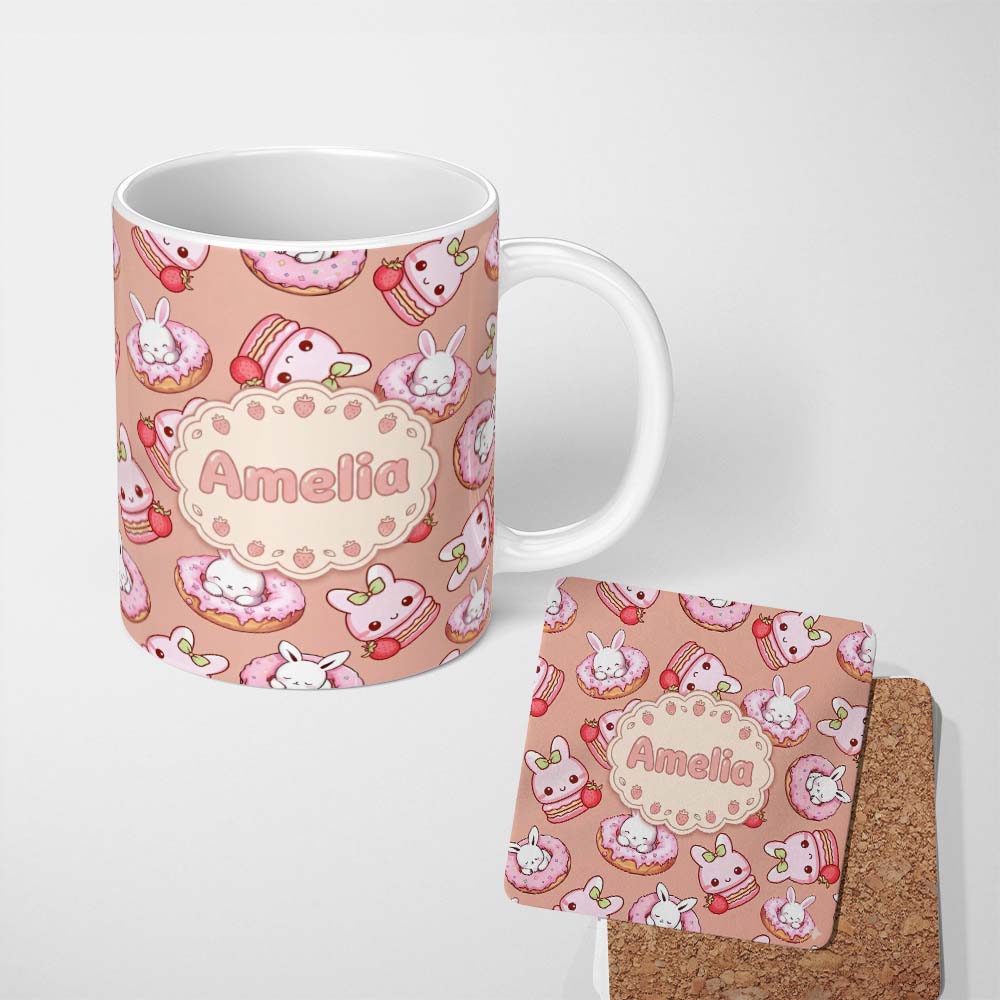 Personalized Custom Name Cute Bunny Donut Dessert Kawaii Peach Background Seamless Pattern 11oz Ceramic Coffee Tea Mug White Large Handle