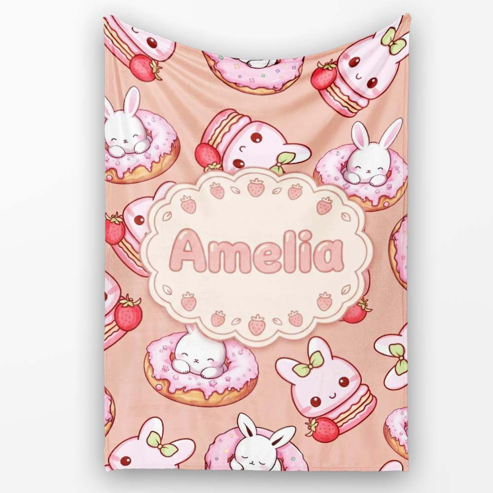Cute Bunny Donut Dessert Kawaii Peach Background Seamless Pattern Personalised Custom Name Super Soft Fleece Blanket Bed Sofa Throw