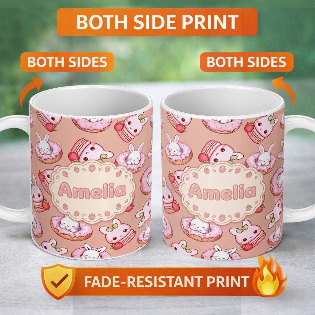 Personalized Custom Name Cute Bunny Donut Dessert Kawaii Peach Background Seamless Pattern 11oz Ceramic Coffee Tea Mug White Large Handle