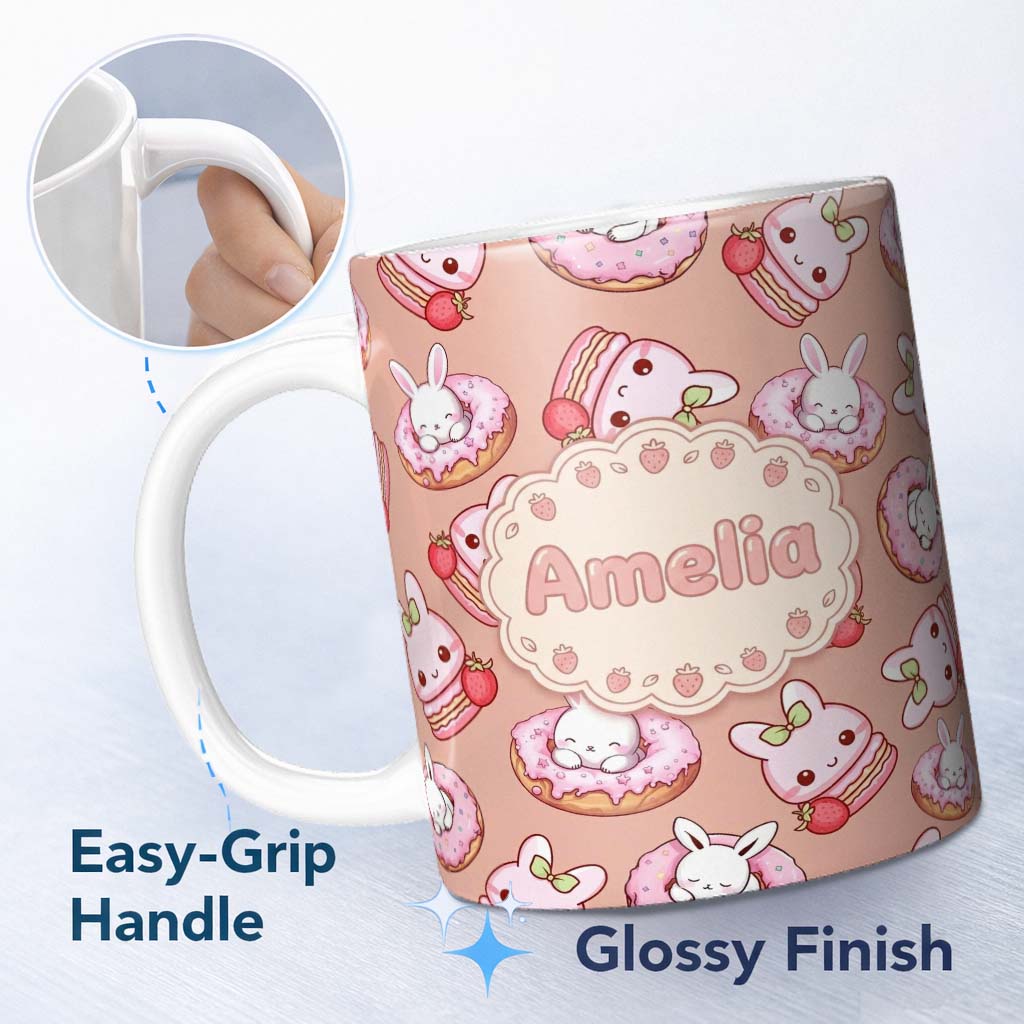 Personalized Custom Name Cute Bunny Donut Dessert Kawaii Peach Background Seamless Pattern 11oz Ceramic Coffee Tea Mug White Large Handle