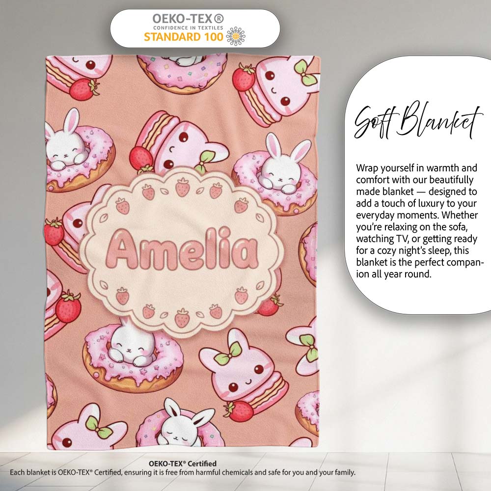 Cute Bunny Donut Dessert Kawaii Peach Background Seamless Pattern Personalised Custom Name Super Soft Fleece Blanket Bed Sofa Throw
