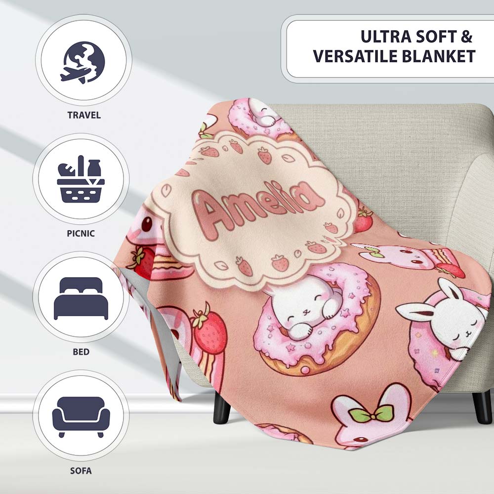 Cute Bunny Donut Dessert Kawaii Peach Background Seamless Pattern Personalised Custom Name Super Soft Fleece Blanket Bed Sofa Throw
