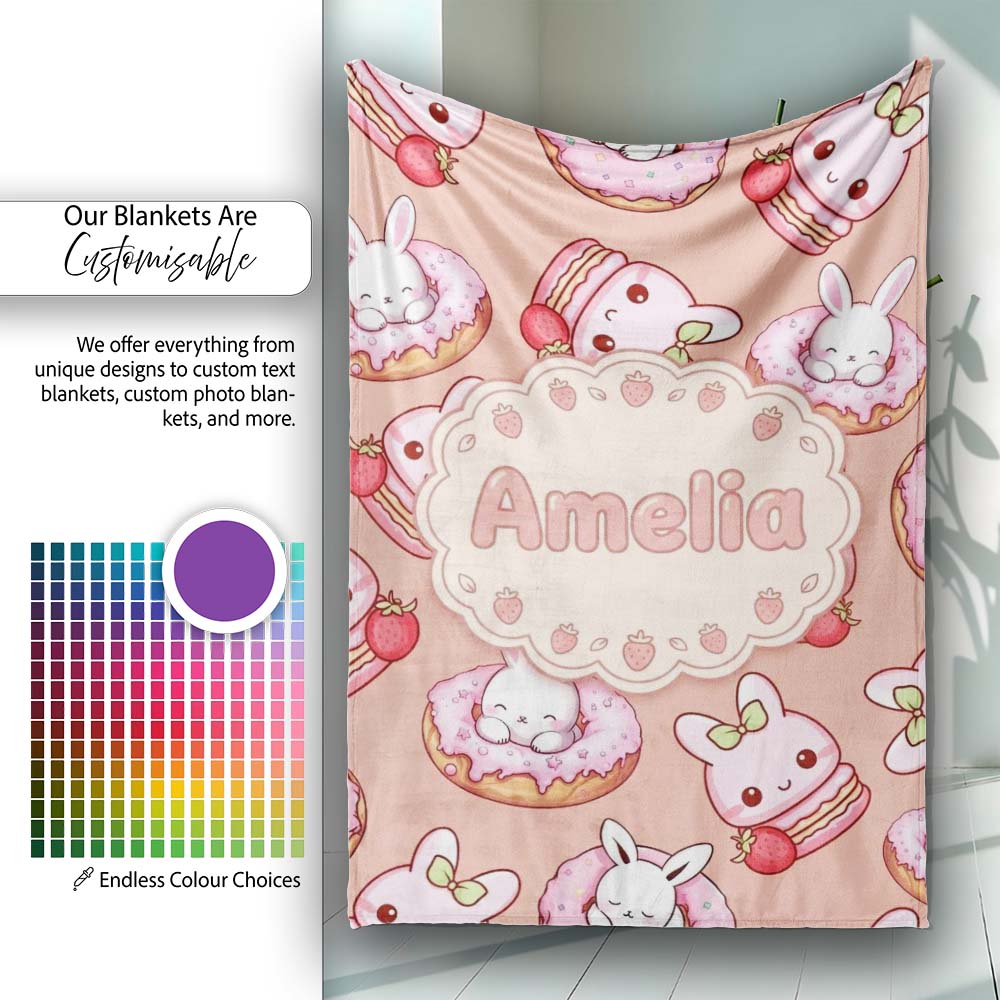 Cute Bunny Donut Dessert Kawaii Peach Background Seamless Pattern Personalised Custom Name Super Soft Fleece Blanket Bed Sofa Throw